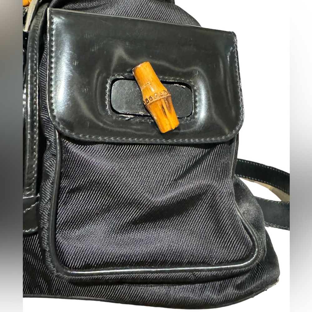 GUCCI Vintage Bamboo Patent Leather/Canvas Backpack Black with Dust Bag - Picture 9 of 16